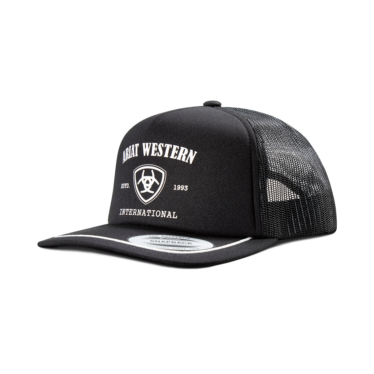 Black trucker cap with a white screen-printed western logo and rope brim trim