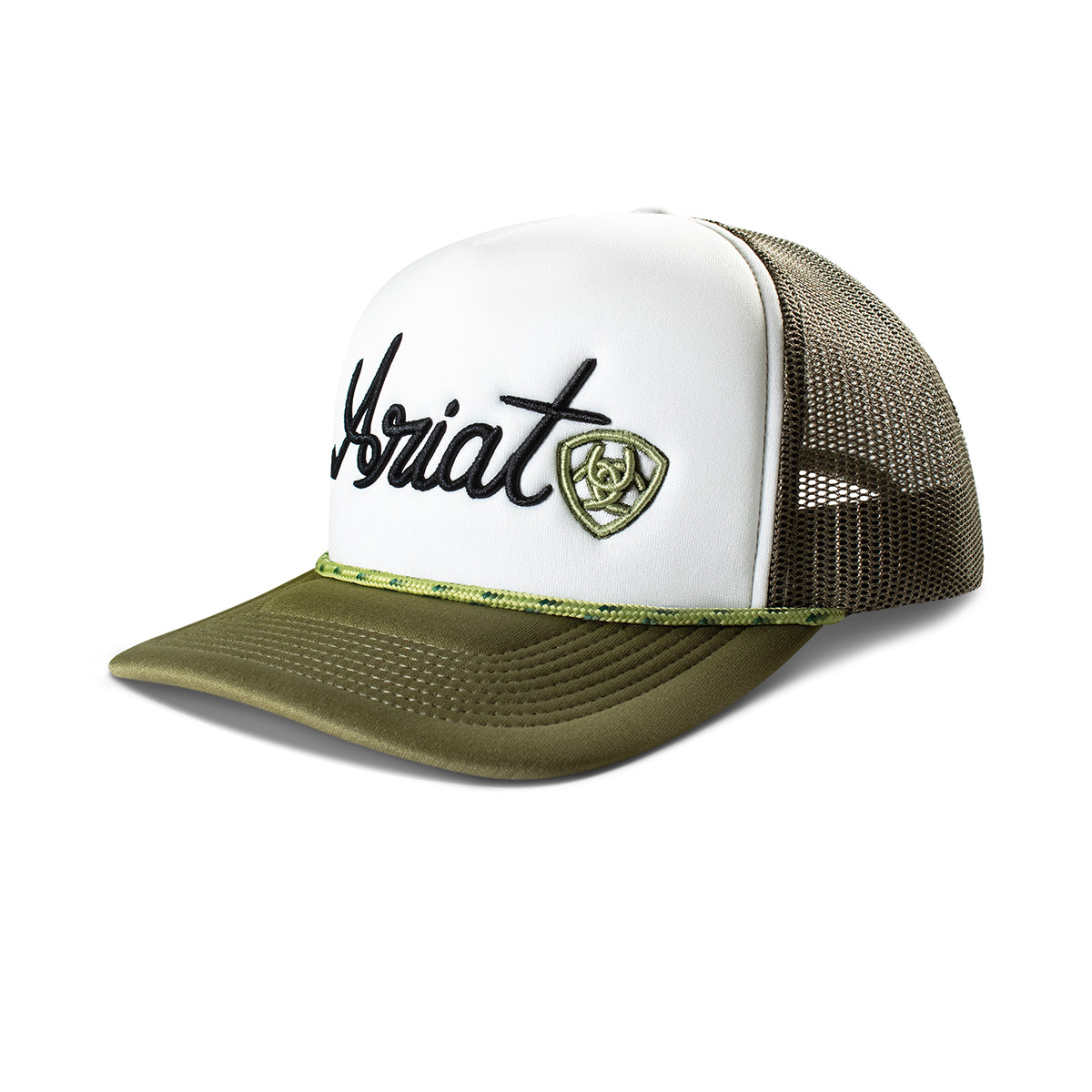 White and olive trucker cap with an embroidered script logo and shield badge