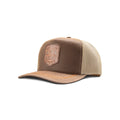 Ariat trucker cap in brown with a faux leather shield patch