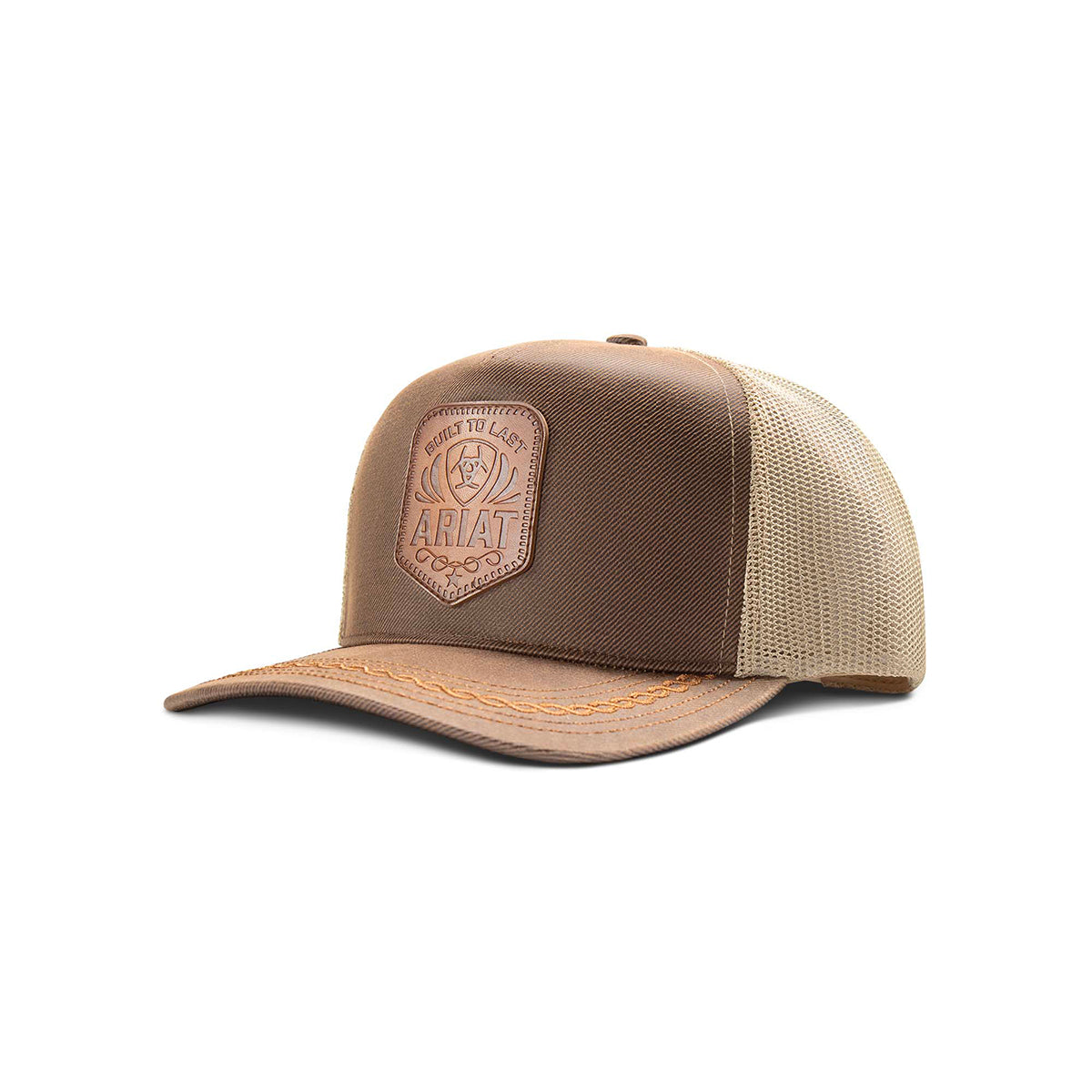 Ariat trucker cap in brown with a faux leather shield patch