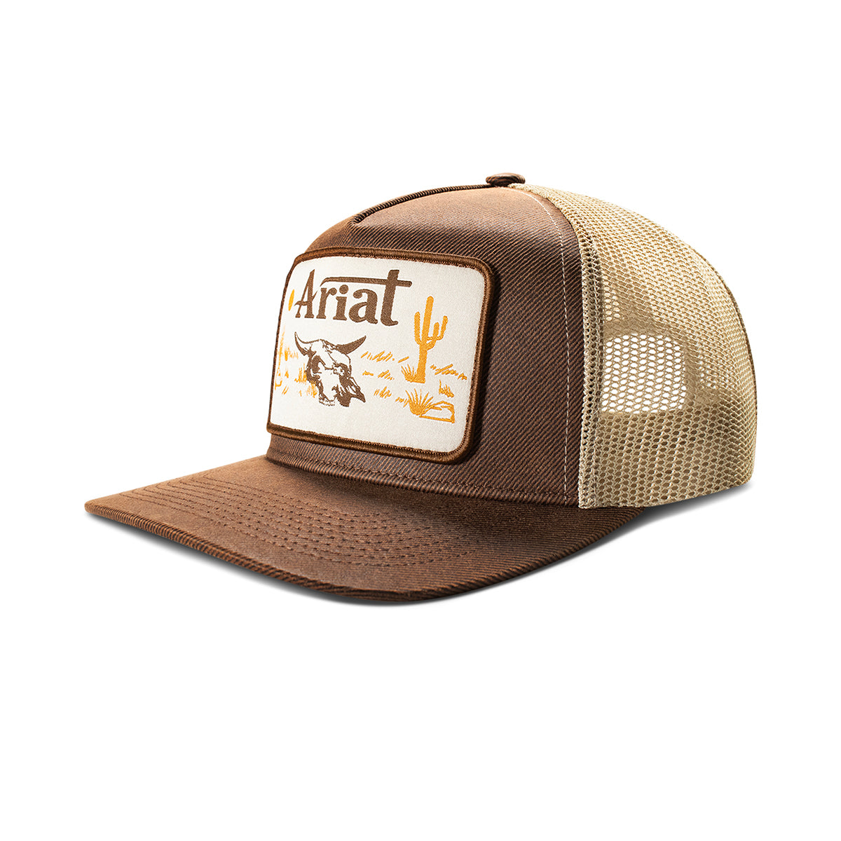 Brown oilskin trucker cap with a desert-scene patch and tan mesh back