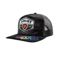 Black camo trucker cap with a red shield patch and grey mesh back