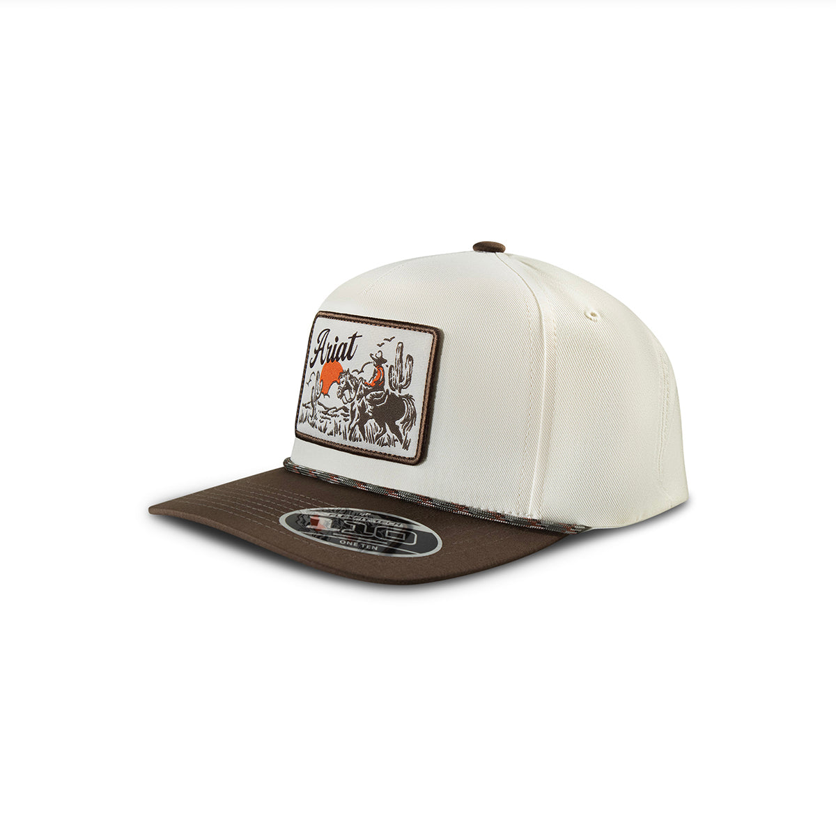 Ariat cap in khaki with a woven desert-scene patch and brown bill