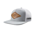 Heather grey trucker cap with a diamond-shaped patch and white mesh back