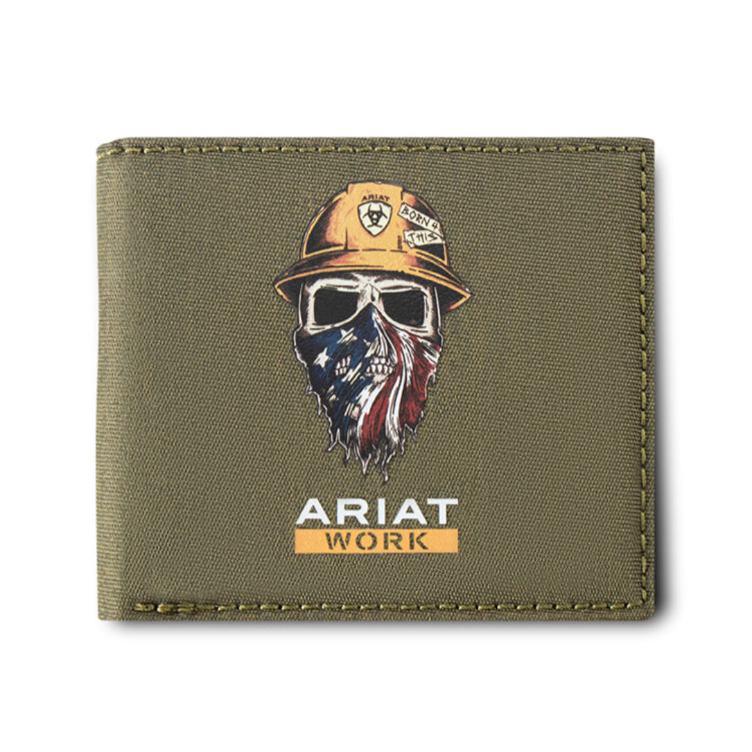 Green wallet with a graphic design and 'Ariat' branding on a white background