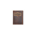 Distressed brown leather trifold wallet with a heat-embossed logo patch