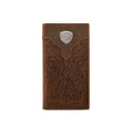 Brown leather rodeo wallet with an embossed floral scroll design and silver concho