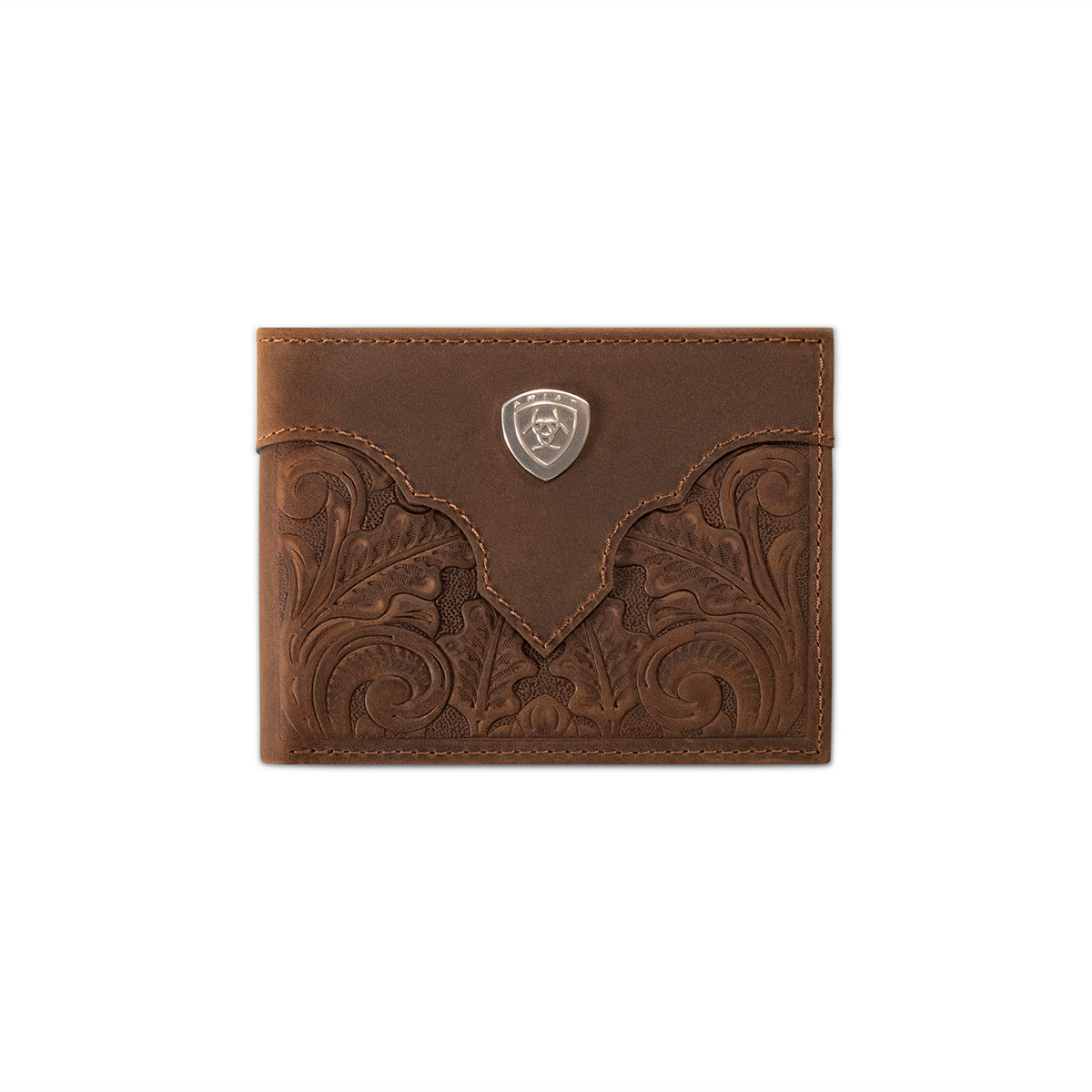 Ariat bifold wallet in brown leather with an embossed floral scroll overlay