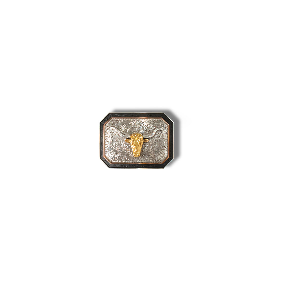 A rectangular longhorn motif buckle with an antique silver and gold finish, engraved with a matte black and copper inner edge.