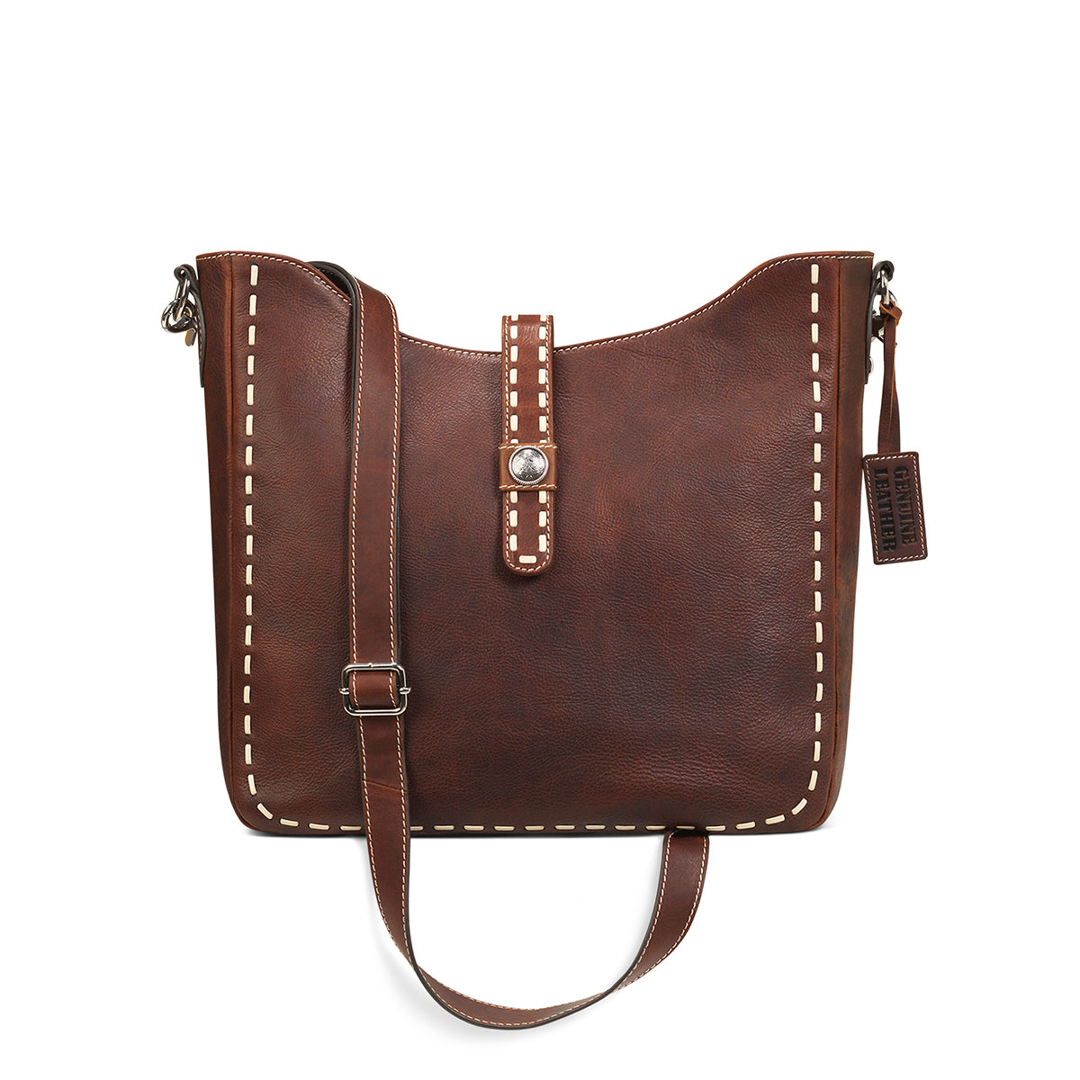Brown leather handbag with white stitching on a white background