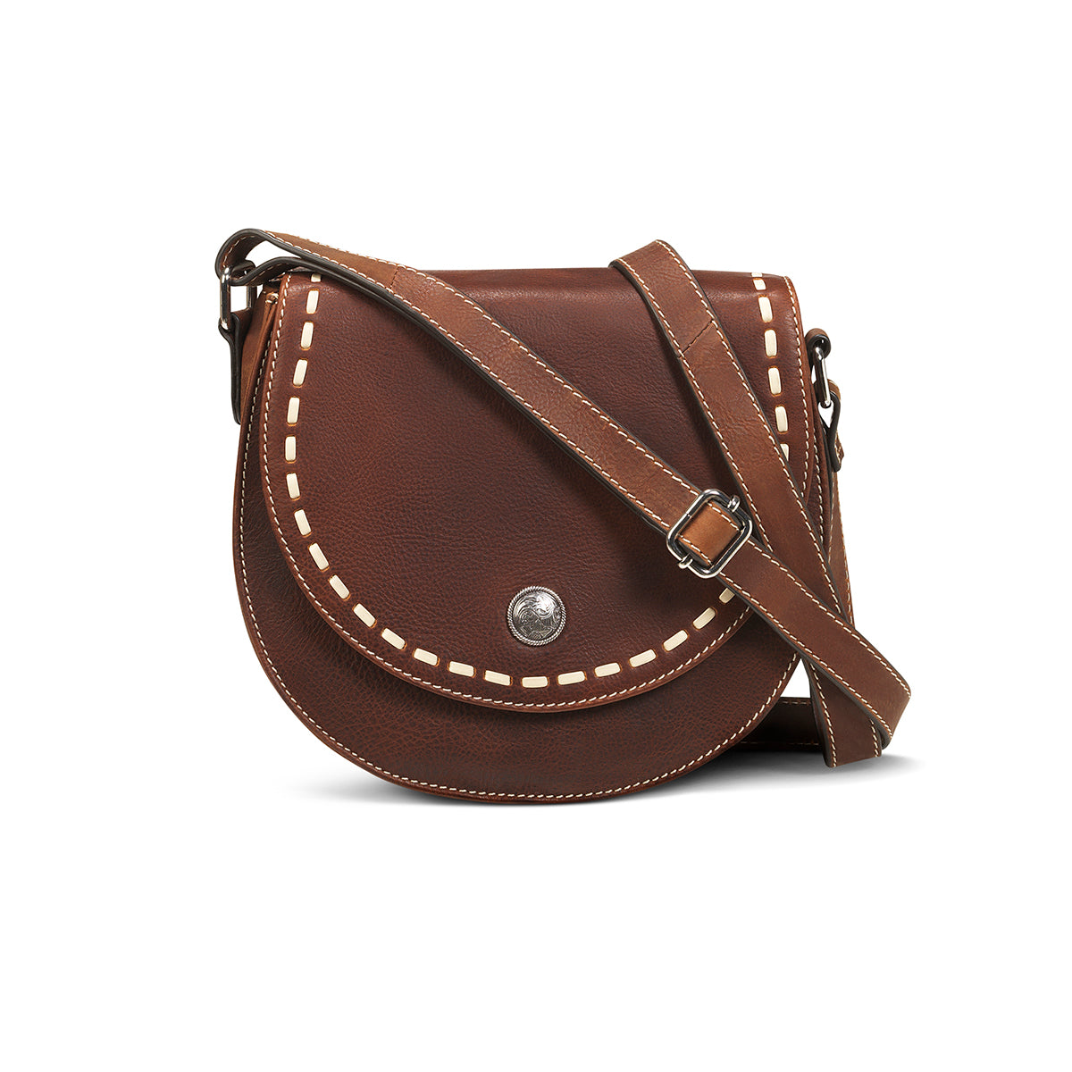 Brown leather saddle bag with white stitching on a white background
