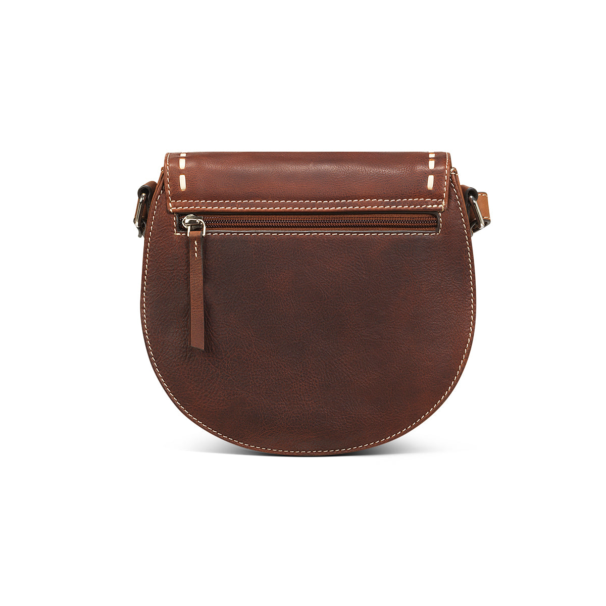 Brown leather saddle bag on a white background