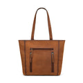 Brown leather tote bag with zipper pockets on a white background