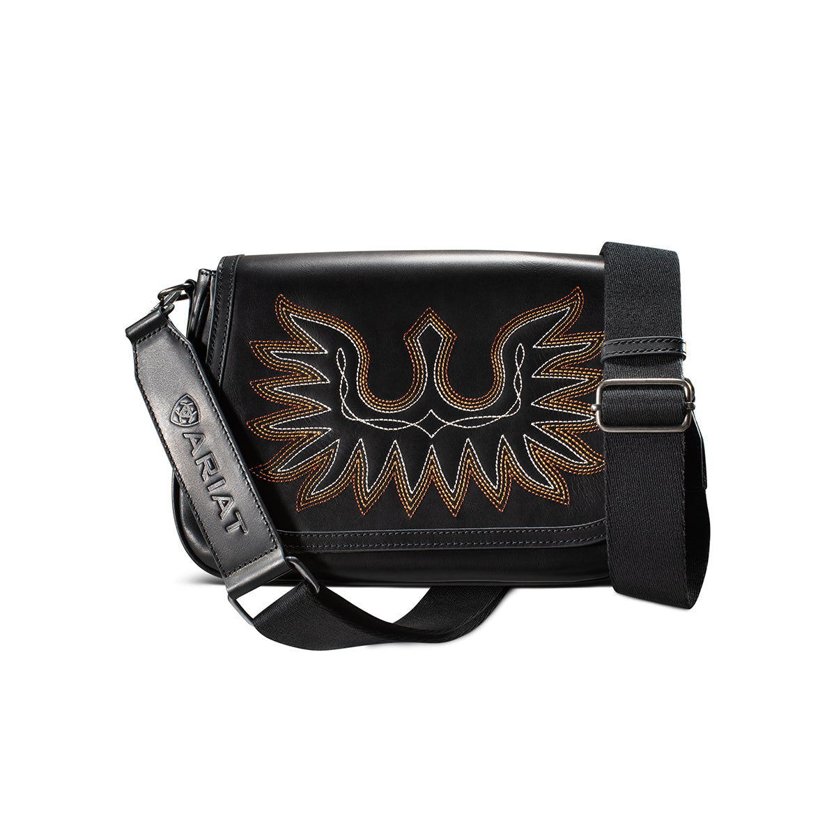 Ariat Cassanova crossbody bag in black leather with an orange boot stitch eagle design
