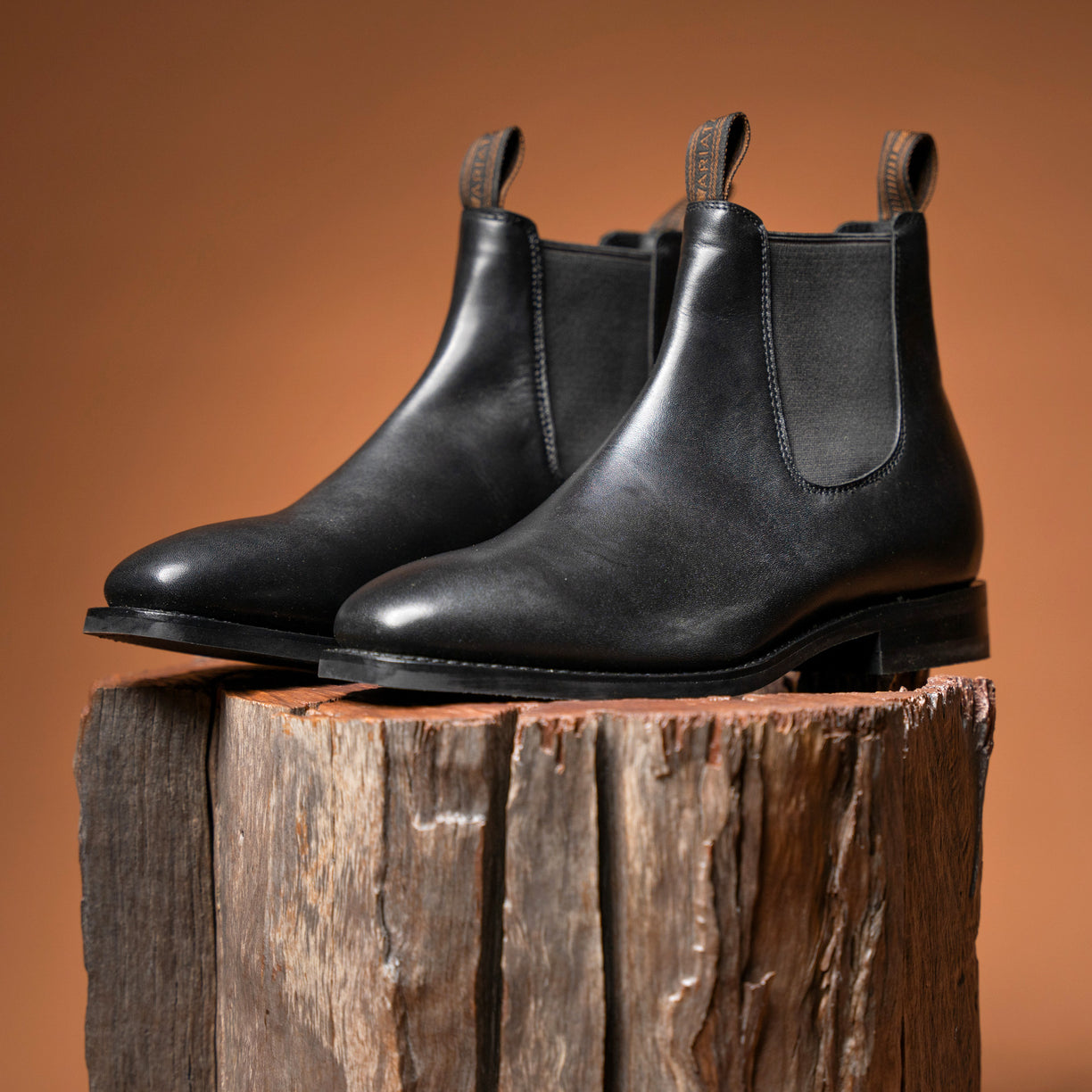 Ariat Standbroke black - lifestyle image on tree stump.