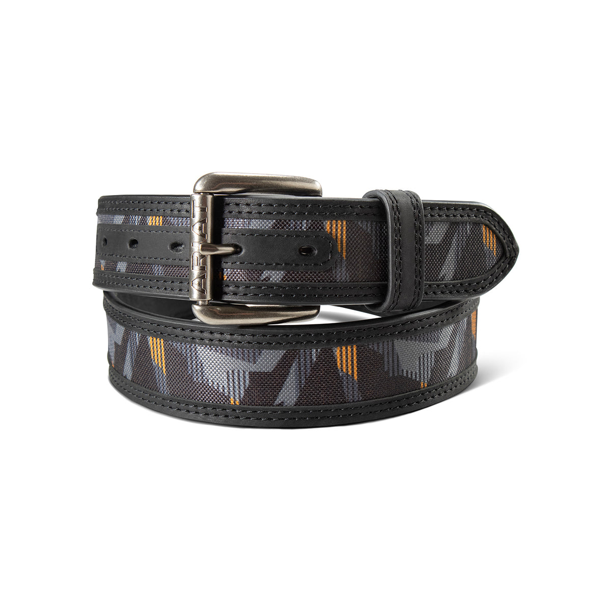Black leather work belt with bold inlay