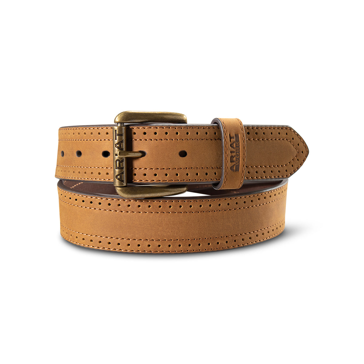 Brown leather work belt with perforated edges