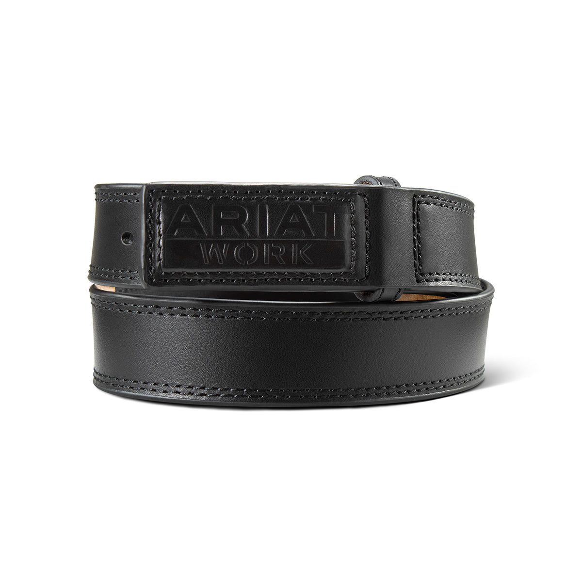 Black leather work belt with Ariat Work logo