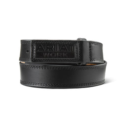 Black leather work belt with Ariat Work logo