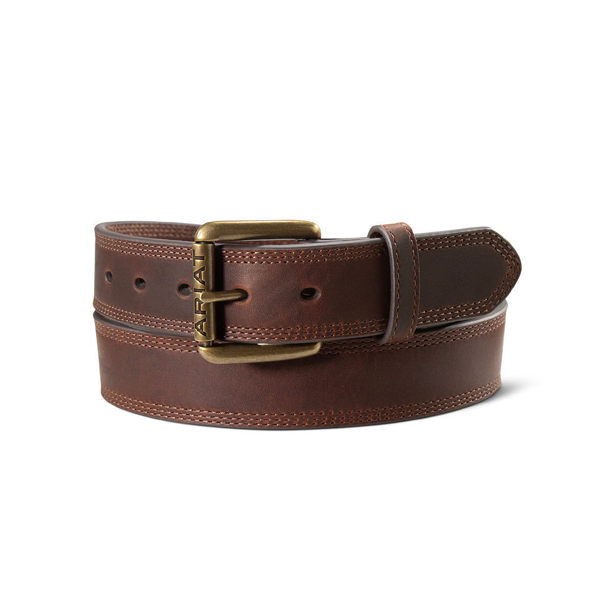 Brown leather work belt with triple stitching