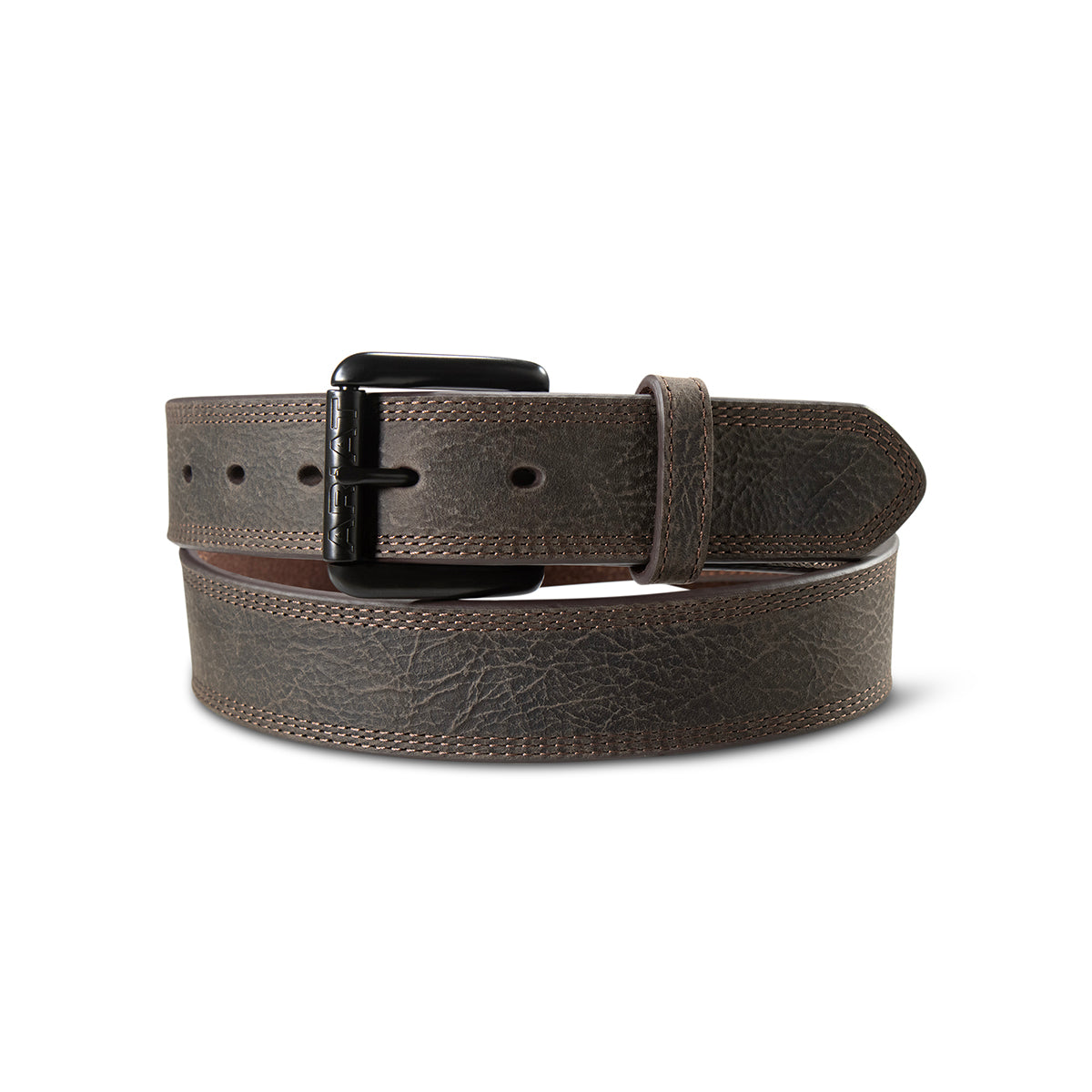 Dark brown leather work belt with triple stitching