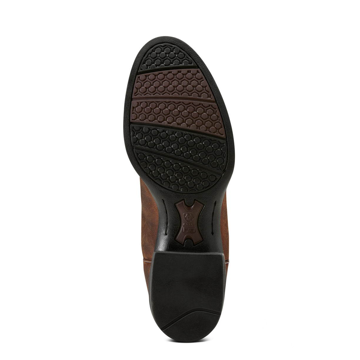 Brown leather shoe sole with black tread pattern on a white background
