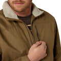 Man wearing a brown jacket with a fur-lined hood on a white background