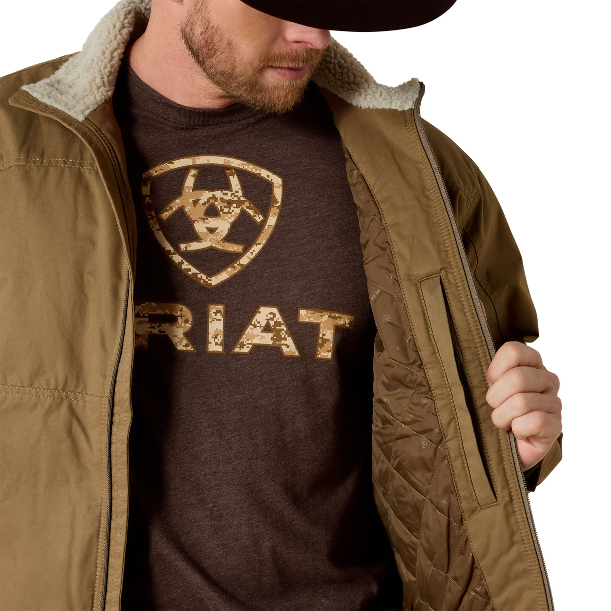 Man wearing a brown jacket, blue jeans, and a black cowboy hat on a white background