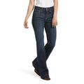 A pair of women's slim-fitting high-rise jeans with a wide leg, displayed on a model.