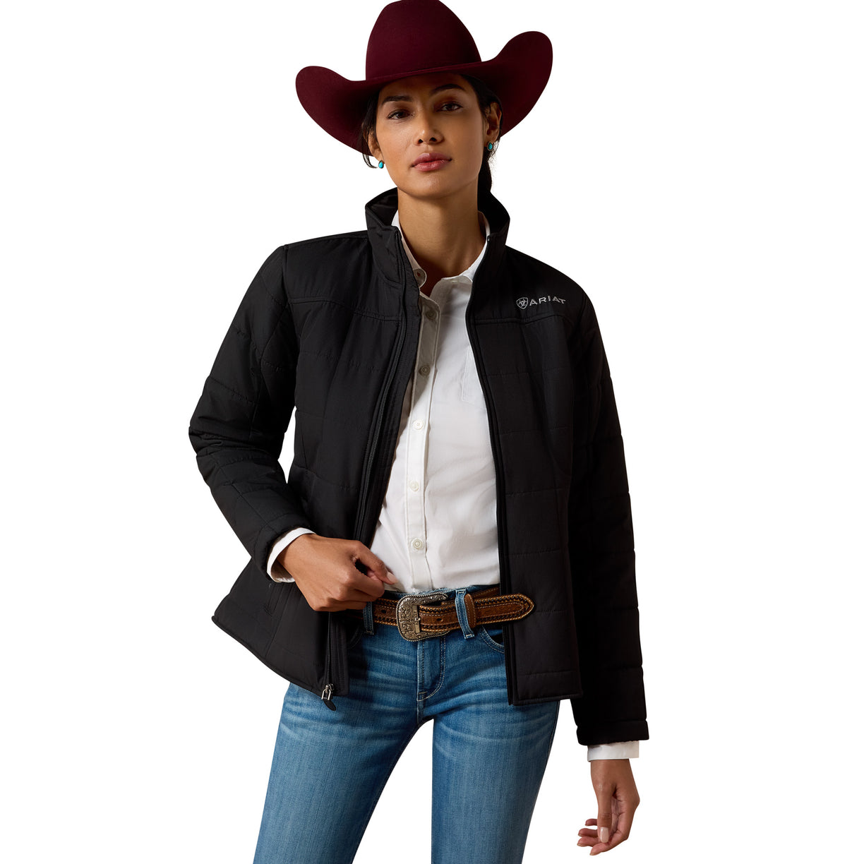 Person wearing a black jacket, white shirt, blue jeans, and a red cowboy hat on a white background
