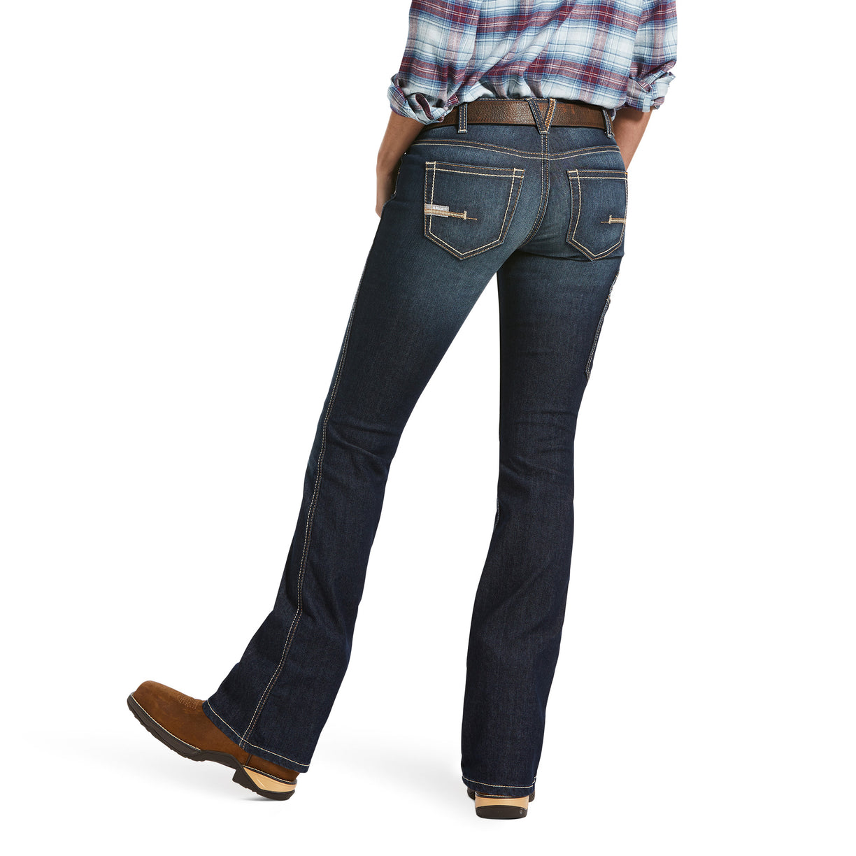 Person wearing blue jeans and a plaid shirt on a white background