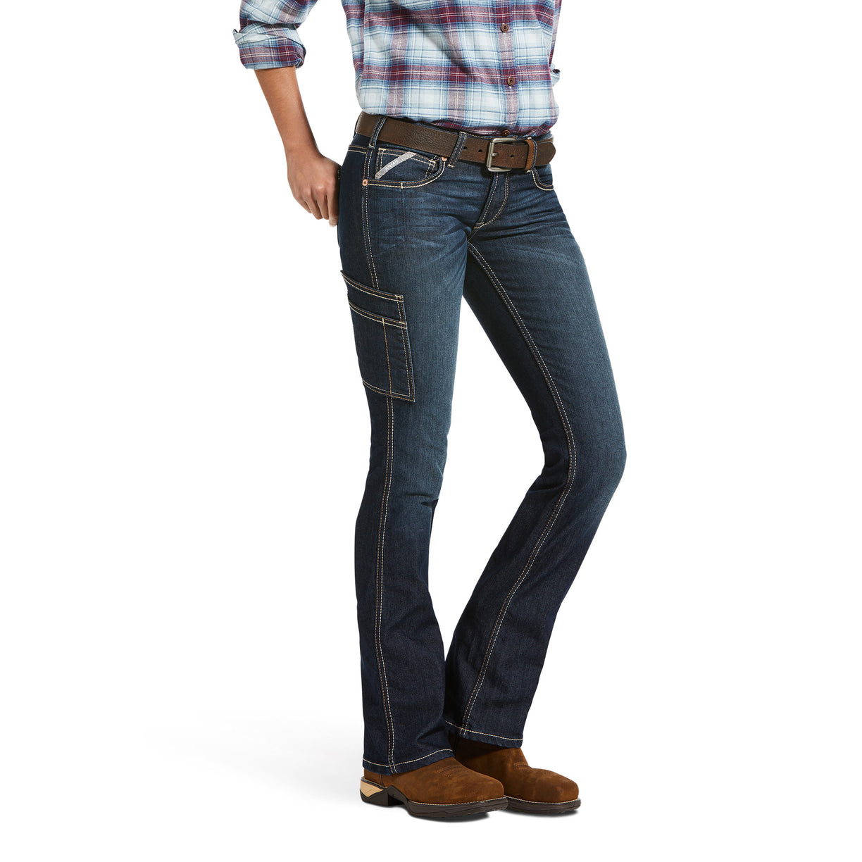 Person wearing blue jeans and a plaid shirt on a white background