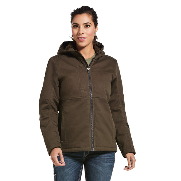 Woman wearing a brown jacket on a white background