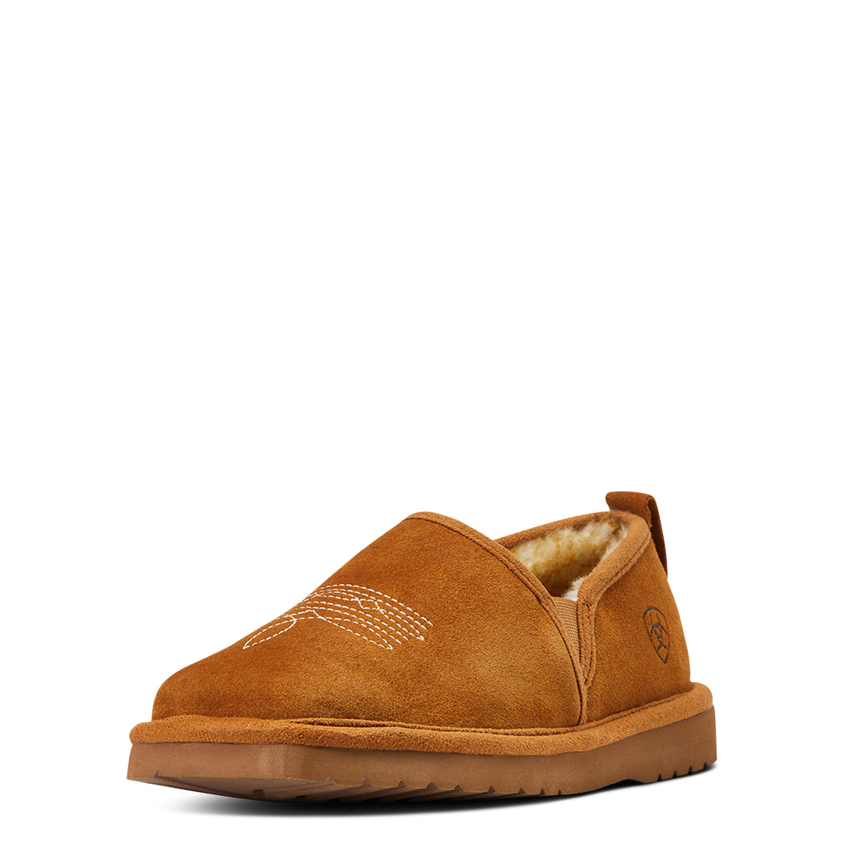 Brown slip-on shoe with fur lining on a white background