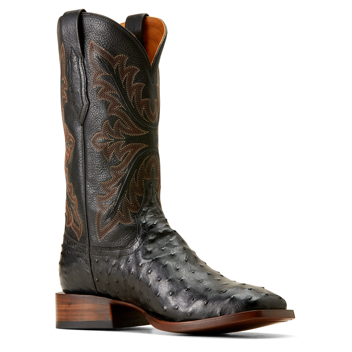 Ariat Men's Bench Made Bassett Western Boot Front in Black Full Quill Ostrich Angle