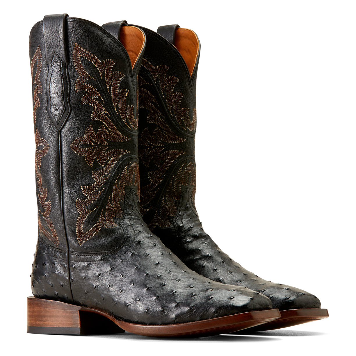 Ariat Men's Bench Made Bassett Western Boot Front in Black Full Quill Ostrich Pair