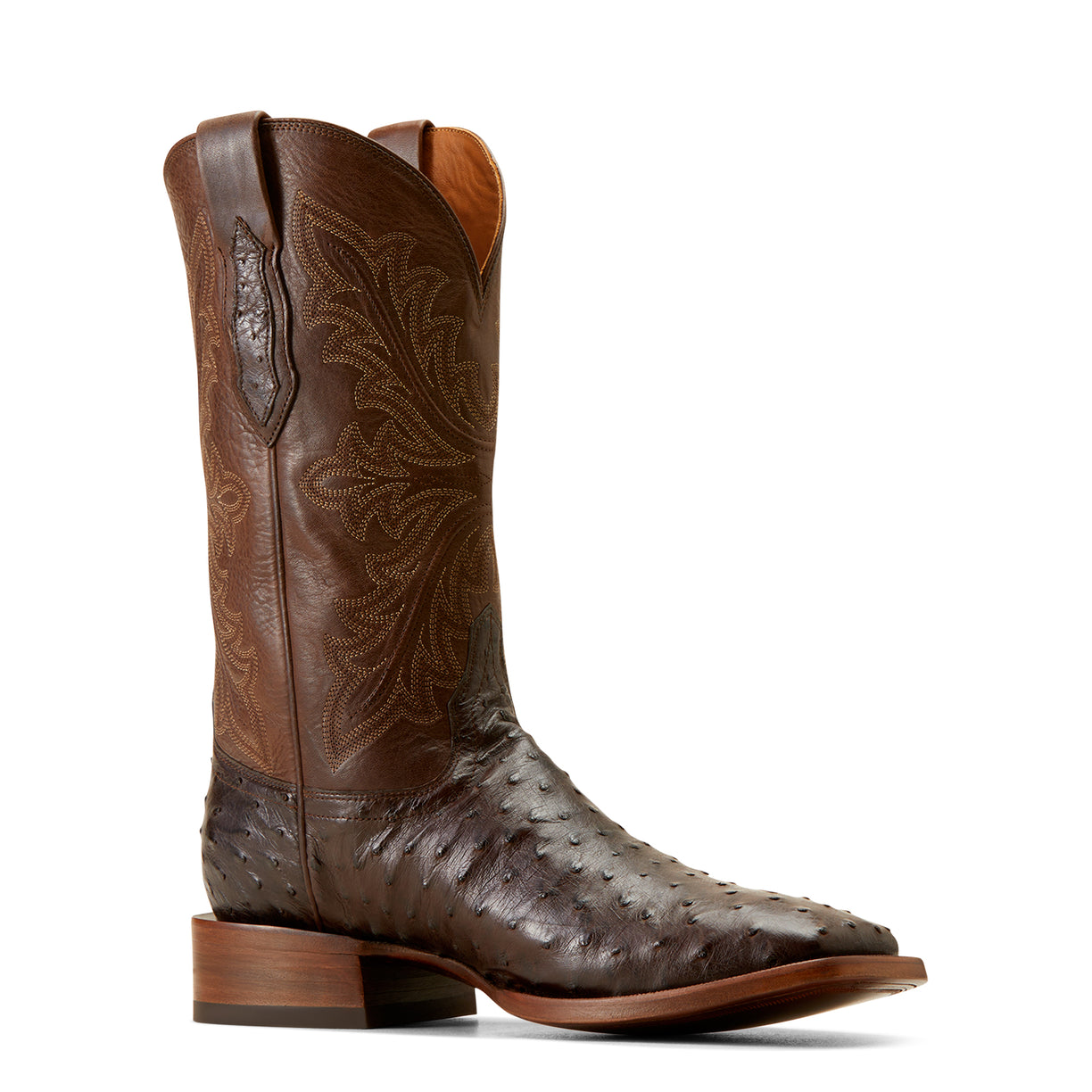 Ariat Men's Bench Made Bassett Western Boot Front in Espresso Full Quill Ostrich Angle
