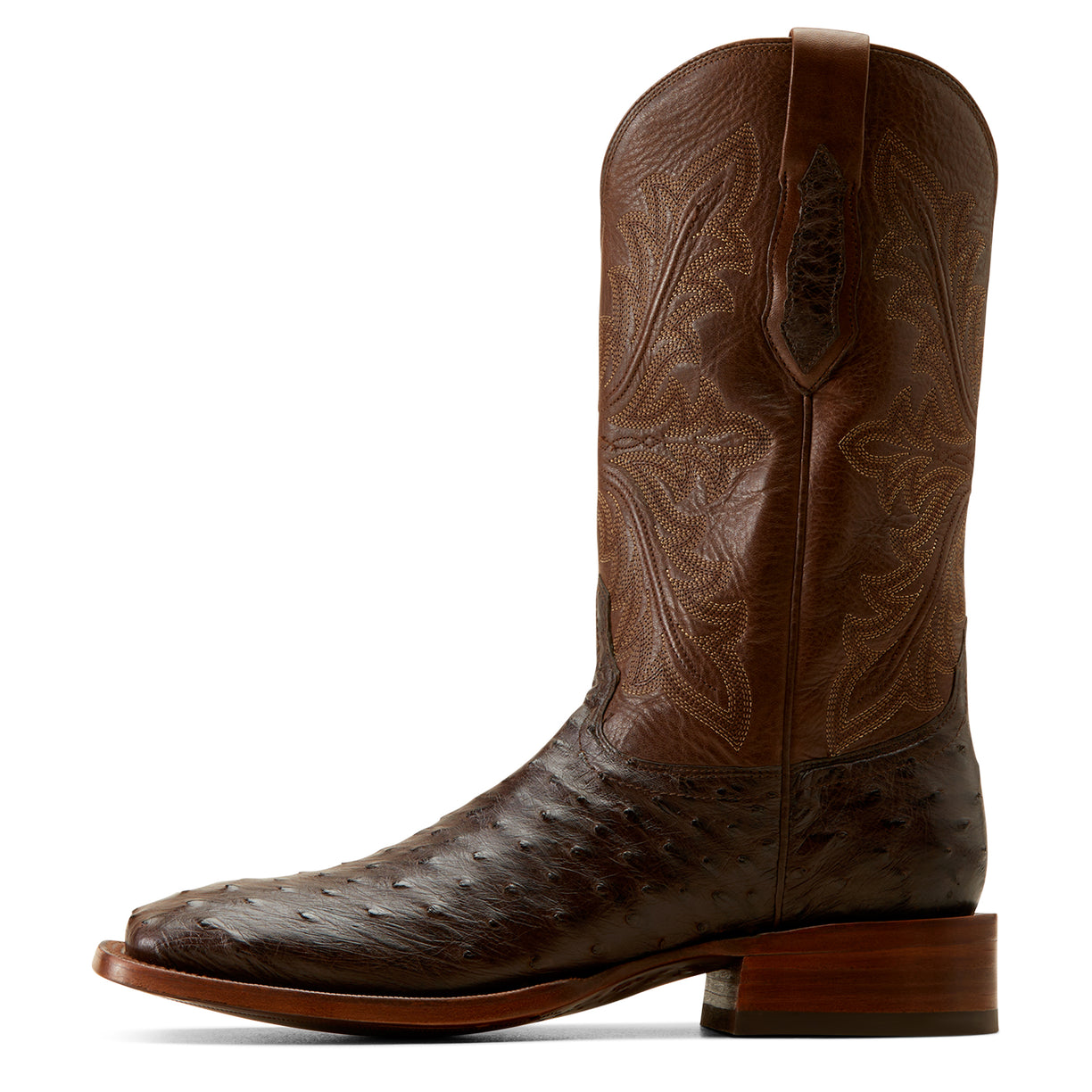 Ariat Men's Bench Made Bassett Western Boot Front in Espresso Full Quill Ostrich Side