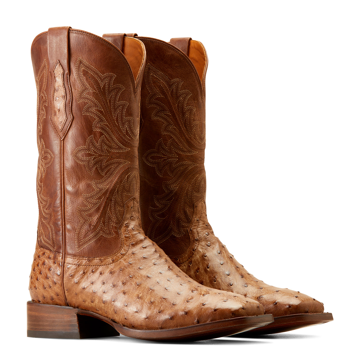 Ariat Men's Bench Made Bassett Western Boot Front in Buckskin Full Quill Ostrich Pair