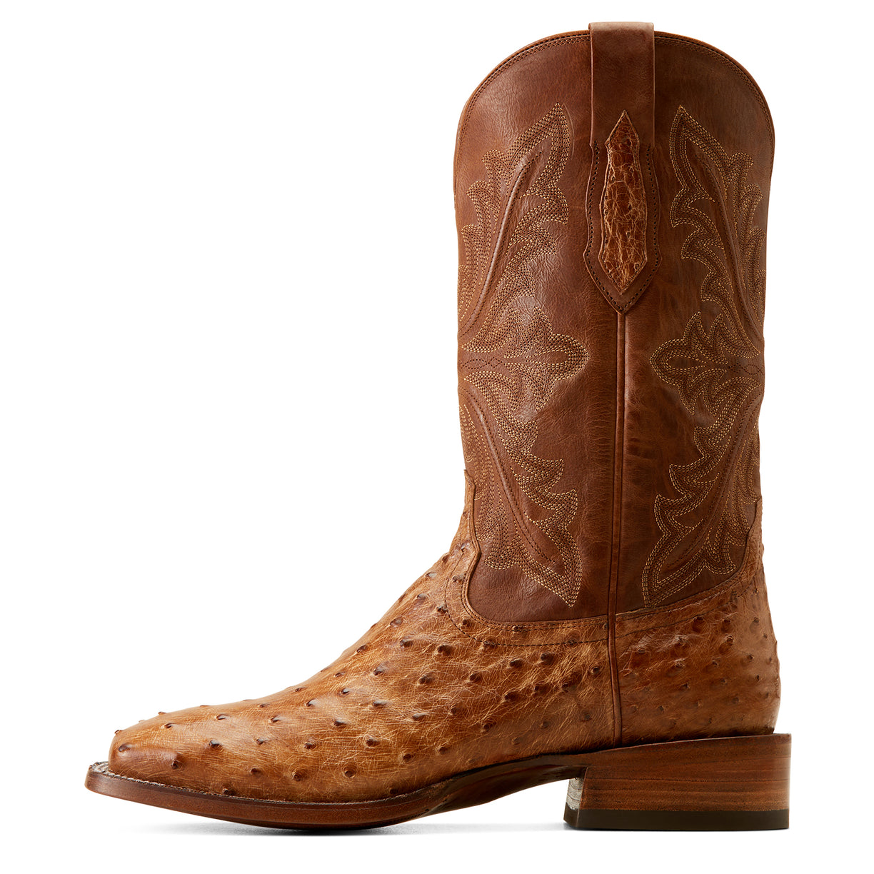 Ariat Men's Bench Made Bassett Western Boot Front in Buckskin Full Quill Ostrich Side