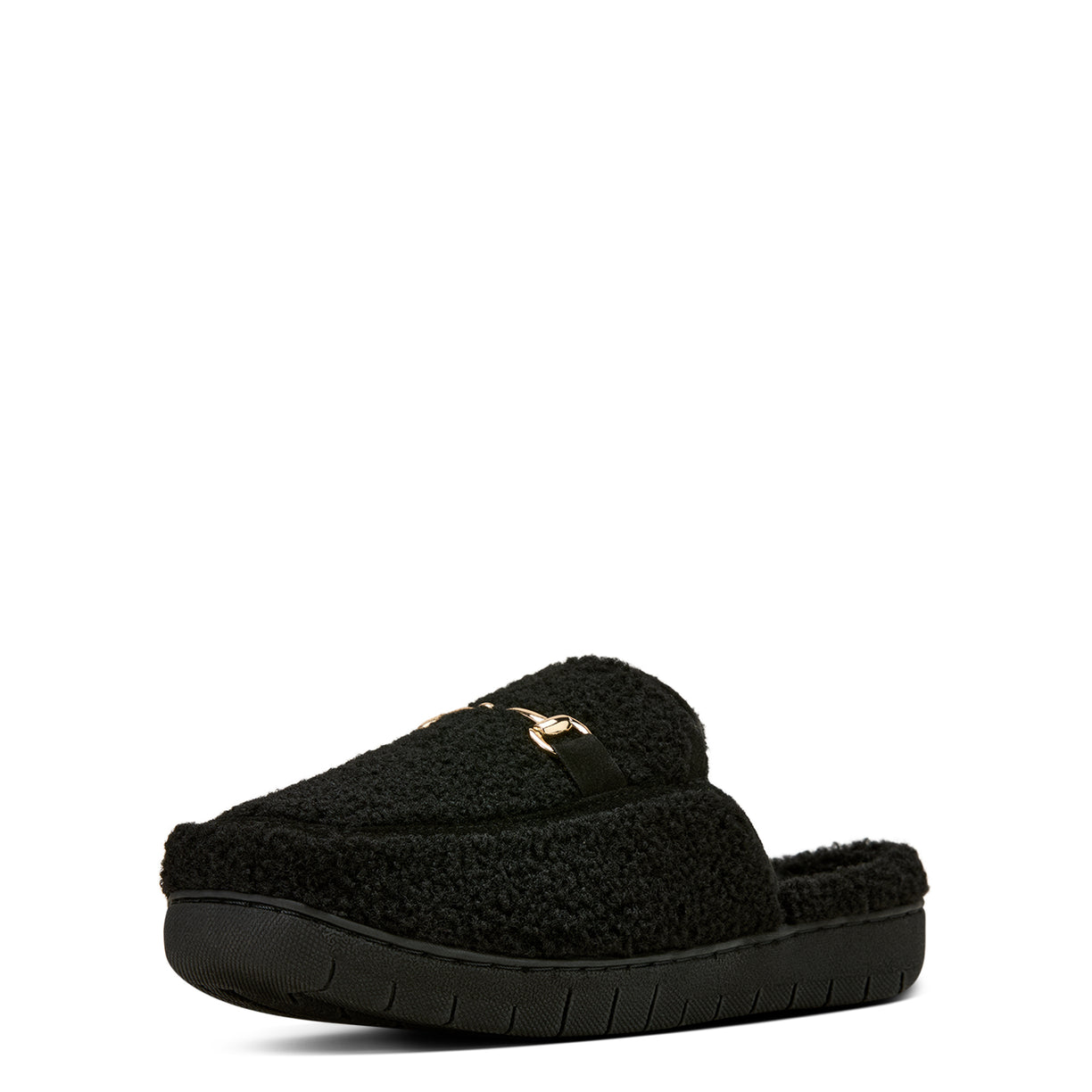 Black slipper with a fuzzy texture on a white background