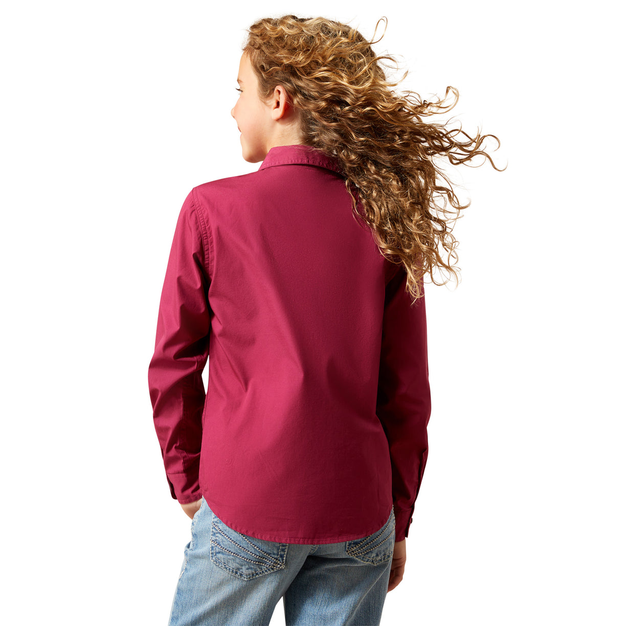 Person wearing a red shirt and blue jeans on a white background