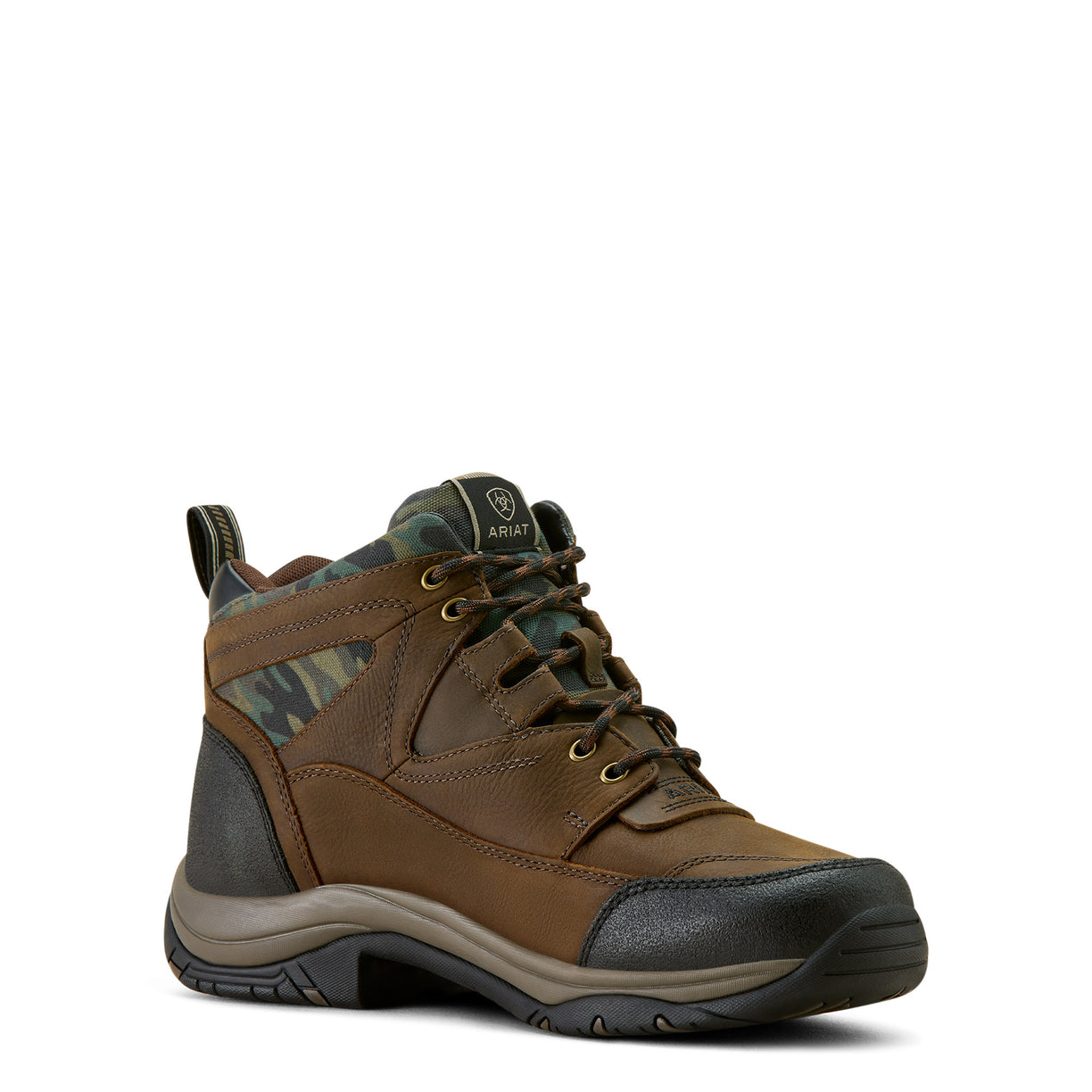 Ariat Men's Terrain Waterproof Boot in dark brown leather with camo print - Angle