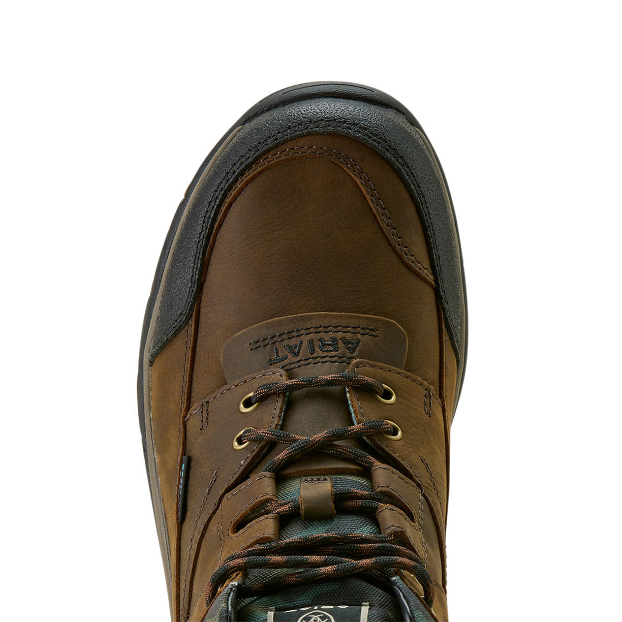 Ariat Men's Terrain Waterproof Boot in dark brown leather with camo print - Toe