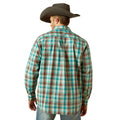 Person wearing a plaid shirt and cowboy hat on a white background