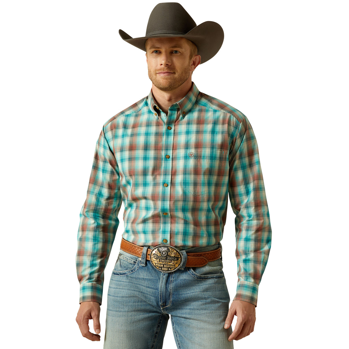 Man wearing a plaid shirt, jeans, and a cowboy hat on a white background