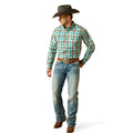 Man wearing a plaid shirt, jeans, and cowboy hat on a white background