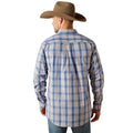 Man wearing a blue plaid shirt and brown cowboy hat on a white background
