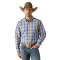 Man wearing a plaid shirt, jeans, and a cowboy hat on a white background