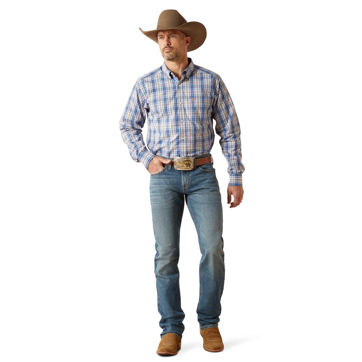 Man wearing a plaid shirt, jeans, and cowboy hat on a white background
